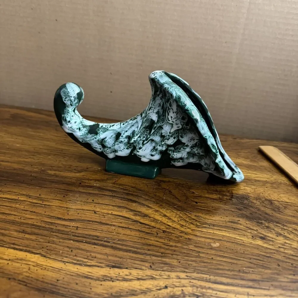 Italian M.N.Co Art Pottery Cornucopia Vase Planter MCM Glaze‎ Italy Vtg Green